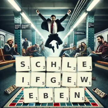 Kreative Illustration für ein Scrabble-Spiel, bei dem das Wort SCHLEIFGEWEBEN mit Steinen auf dem Brett gelegt wurde.