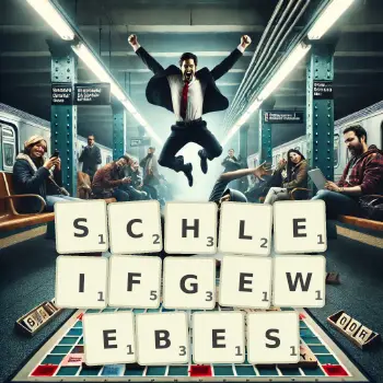 Kreative Illustration für ein Scrabble-Spiel, bei dem das Wort SCHLEIFGEWEBES mit Steinen auf dem Brett gelegt wurde.