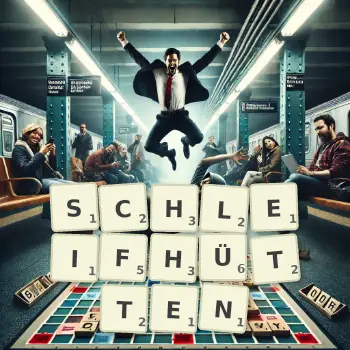 Kreative Illustration für ein Scrabble-Spiel, bei dem das Wort SCHLEIFHÜTTEN mit Steinen auf dem Brett gelegt wurde.