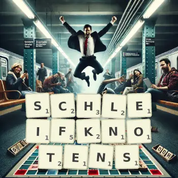 Kreative Illustration für ein Scrabble-Spiel, bei dem das Wort SCHLEIFKNOTENS mit Steinen auf dem Brett gelegt wurde.
