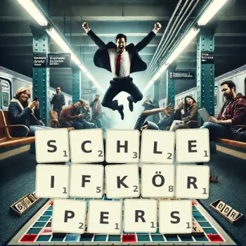 Kreative Illustration für ein Scrabble-Spiel, bei dem das Wort SCHLEIFKÖRPERS mit Steinen auf dem Brett gelegt wurde.