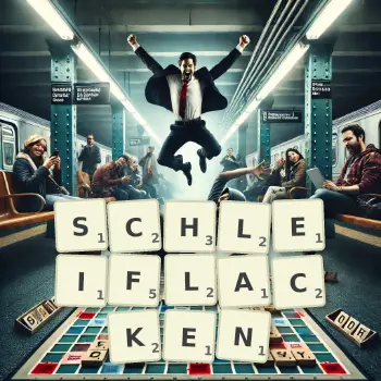 Kreative Illustration für ein Scrabble-Spiel, bei dem das Wort SCHLEIFLACKEN mit Steinen auf dem Brett gelegt wurde.