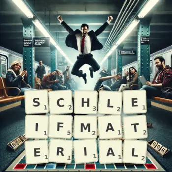 Kreative Illustration für ein Scrabble-Spiel, bei dem das Wort SCHLEIFMATERIAL mit Steinen auf dem Brett gelegt wurde.