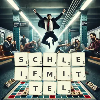 Kreative Illustration für ein Scrabble-Spiel, bei dem das Wort SCHLEIFMITTEL mit Steinen auf dem Brett gelegt wurde.