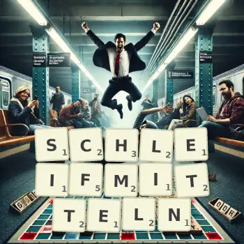 Kreative Illustration für ein Scrabble-Spiel, bei dem das Wort SCHLEIFMITTELN mit Steinen auf dem Brett gelegt wurde.
