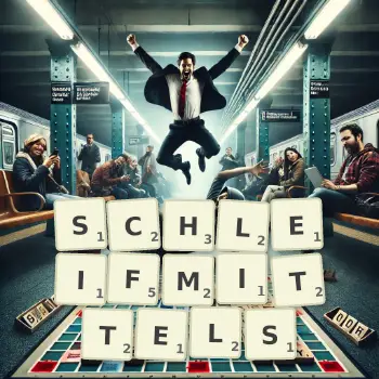 Kreative Illustration für ein Scrabble-Spiel, bei dem das Wort SCHLEIFMITTELS mit Steinen auf dem Brett gelegt wurde.