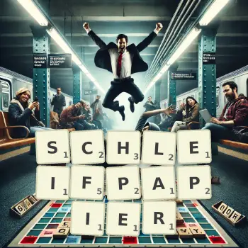 Kreative Illustration für ein Scrabble-Spiel, bei dem das Wort SCHLEIFPAPIER mit Steinen auf dem Brett gelegt wurde.