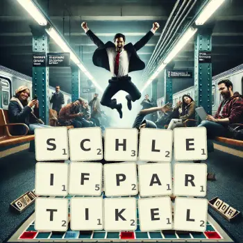 Kreative Illustration für ein Scrabble-Spiel, bei dem das Wort SCHLEIFPARTIKEL mit Steinen auf dem Brett gelegt wurde.