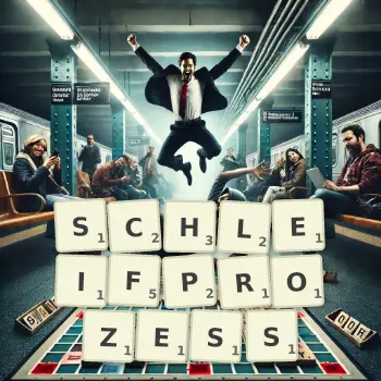 Kreative Illustration für ein Scrabble-Spiel, bei dem das Wort SCHLEIFPROZESS mit Steinen auf dem Brett gelegt wurde.