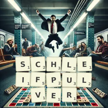 Kreative Illustration für ein Scrabble-Spiel, bei dem das Wort SCHLEIFPULVER mit Steinen auf dem Brett gelegt wurde.