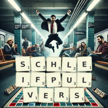 Kreative Illustration für ein Scrabble-Spiel, bei dem das Wort SCHLEIFPULVERS mit Steinen auf dem Brett gelegt wurde.