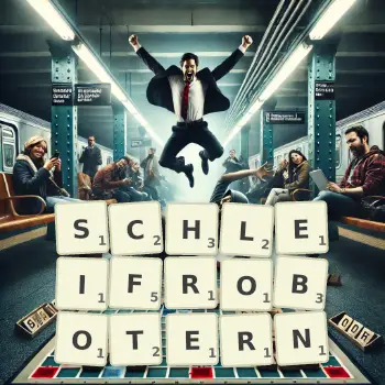 Kreative Illustration für ein Scrabble-Spiel, bei dem das Wort SCHLEIFROBOTERN mit Steinen auf dem Brett gelegt wurde.