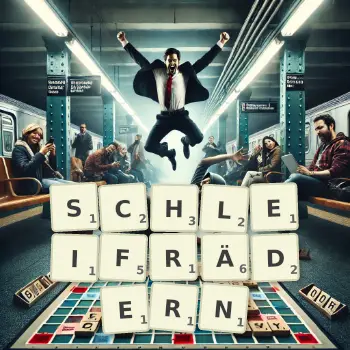 Kreative Illustration für ein Scrabble-Spiel, bei dem das Wort SCHLEIFRÄDERN mit Steinen auf dem Brett gelegt wurde.