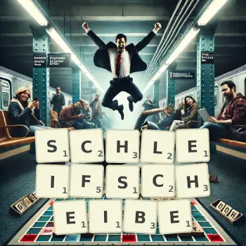 Kreative Illustration für ein Scrabble-Spiel, bei dem das Wort SCHLEIFSCHEIBE mit Steinen auf dem Brett gelegt wurde.