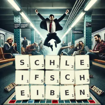 Kreative Illustration für ein Scrabble-Spiel, bei dem das Wort SCHLEIFSCHEIBEN mit Steinen auf dem Brett gelegt wurde.