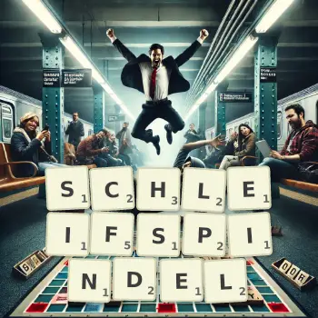 Kreative Illustration für ein Scrabble-Spiel, bei dem das Wort SCHLEIFSPINDEL mit Steinen auf dem Brett gelegt wurde.