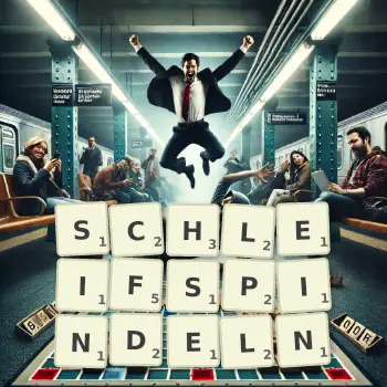 Kreative Illustration für ein Scrabble-Spiel, bei dem das Wort SCHLEIFSPINDELN mit Steinen auf dem Brett gelegt wurde.