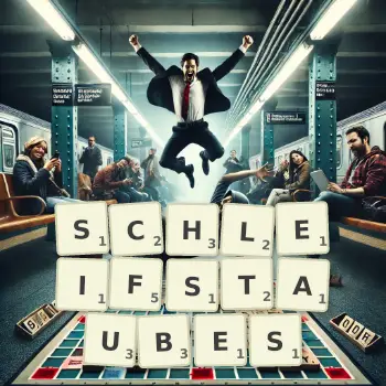 Kreative Illustration für ein Scrabble-Spiel, bei dem das Wort SCHLEIFSTAUBES mit Steinen auf dem Brett gelegt wurde.