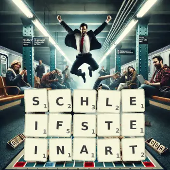 Kreative Illustration für ein Scrabble-Spiel, bei dem das Wort SCHLEIFSTEINART mit Steinen auf dem Brett gelegt wurde.
