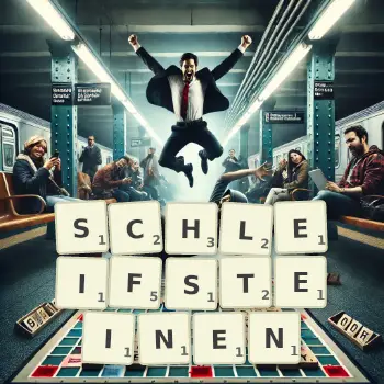 Kreative Illustration für ein Scrabble-Spiel, bei dem das Wort SCHLEIFSTEINEN mit Steinen auf dem Brett gelegt wurde.