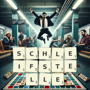 Kreative Illustration für ein Scrabble-Spiel, bei dem das Wort SCHLEIFSTELLE mit Steinen auf dem Brett gelegt wurde.