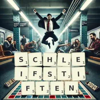 Kreative Illustration für ein Scrabble-Spiel, bei dem das Wort SCHLEIFSTIFTEN mit Steinen auf dem Brett gelegt wurde.
