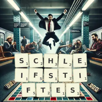 Kreative Illustration für ein Scrabble-Spiel, bei dem das Wort SCHLEIFSTIFTES mit Steinen auf dem Brett gelegt wurde.