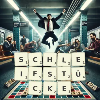 Kreative Illustration für ein Scrabble-Spiel, bei dem das Wort SCHLEIFSTÜCKE mit Steinen auf dem Brett gelegt wurde.