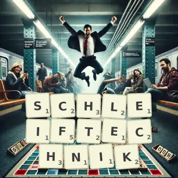 Kreative Illustration für ein Scrabble-Spiel, bei dem das Wort SCHLEIFTECHNIK mit Steinen auf dem Brett gelegt wurde.