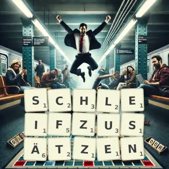 Kreative Illustration für ein Scrabble-Spiel, bei dem das Wort SCHLEIFZUSÄTZEN mit Steinen auf dem Brett gelegt wurde.