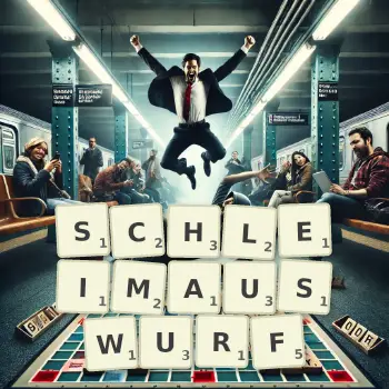 Kreative Illustration für ein Scrabble-Spiel, bei dem das Wort SCHLEIMAUSWURF mit Steinen auf dem Brett gelegt wurde.