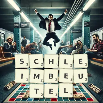 Kreative Illustration für ein Scrabble-Spiel, bei dem das Wort SCHLEIMBEUTEL mit Steinen auf dem Brett gelegt wurde.