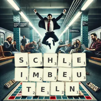 Kreative Illustration für ein Scrabble-Spiel, bei dem das Wort SCHLEIMBEUTELN mit Steinen auf dem Brett gelegt wurde.
