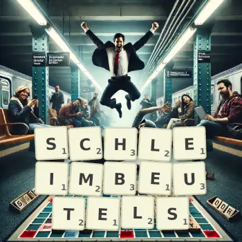 Kreative Illustration für ein Scrabble-Spiel, bei dem das Wort SCHLEIMBEUTELS mit Steinen auf dem Brett gelegt wurde.