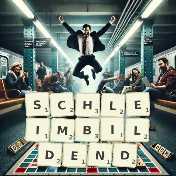 Kreative Illustration für ein Scrabble-Spiel, bei dem das Wort SCHLEIMBILDEND mit Steinen auf dem Brett gelegt wurde.