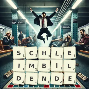 Kreative Illustration für ein Scrabble-Spiel, bei dem das Wort SCHLEIMBILDENDE mit Steinen auf dem Brett gelegt wurde.