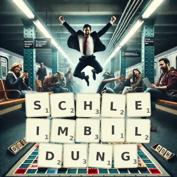 Kreative Illustration für ein Scrabble-Spiel, bei dem das Wort SCHLEIMBILDUNG mit Steinen auf dem Brett gelegt wurde.
