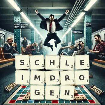 Kreative Illustration für ein Scrabble-Spiel, bei dem das Wort SCHLEIMDROGEN mit Steinen auf dem Brett gelegt wurde.
