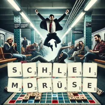 Kreative Illustration für ein Scrabble-Spiel, bei dem das Wort SCHLEIMDRÜSE mit Steinen auf dem Brett gelegt wurde.