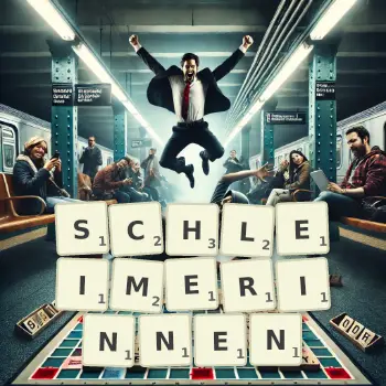 Kreative Illustration für ein Scrabble-Spiel, bei dem das Wort SCHLEIMERINNEN mit Steinen auf dem Brett gelegt wurde.