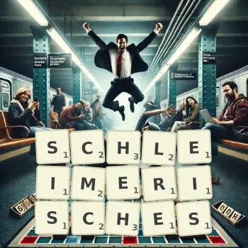 Kreative Illustration für ein Scrabble-Spiel, bei dem das Wort SCHLEIMERISCHES mit Steinen auf dem Brett gelegt wurde.
