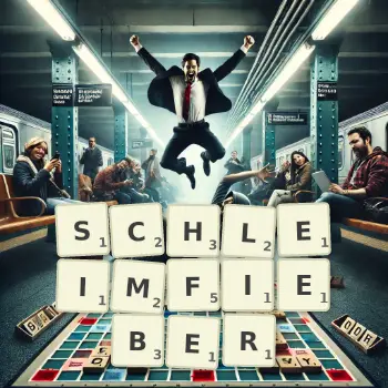 Kreative Illustration für ein Scrabble-Spiel, bei dem das Wort SCHLEIMFIEBER mit Steinen auf dem Brett gelegt wurde.