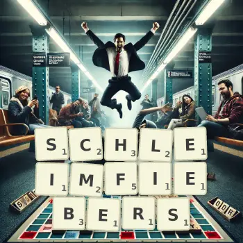 Kreative Illustration für ein Scrabble-Spiel, bei dem das Wort SCHLEIMFIEBERS mit Steinen auf dem Brett gelegt wurde.