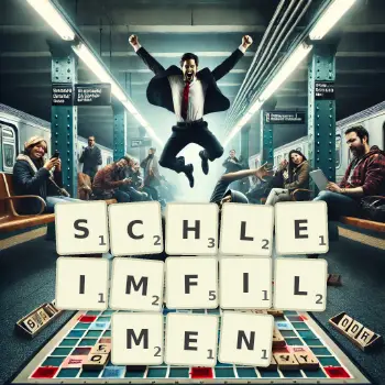 Kreative Illustration für ein Scrabble-Spiel, bei dem das Wort SCHLEIMFILMEN mit Steinen auf dem Brett gelegt wurde.
