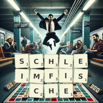 Kreative Illustration für ein Scrabble-Spiel, bei dem das Wort SCHLEIMFISCHE mit Steinen auf dem Brett gelegt wurde.