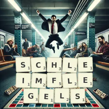 Kreative Illustration für ein Scrabble-Spiel, bei dem das Wort SCHLEIMFLEGELS mit Steinen auf dem Brett gelegt wurde.