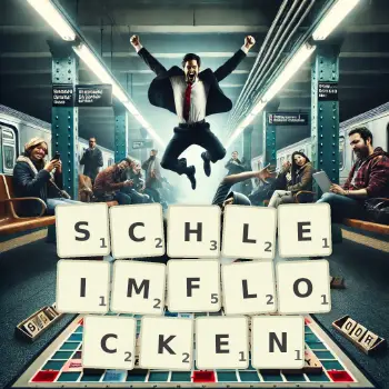 Kreative Illustration für ein Scrabble-Spiel, bei dem das Wort SCHLEIMFLOCKEN mit Steinen auf dem Brett gelegt wurde.