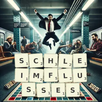 Kreative Illustration für ein Scrabble-Spiel, bei dem das Wort SCHLEIMFLUSSES mit Steinen auf dem Brett gelegt wurde.