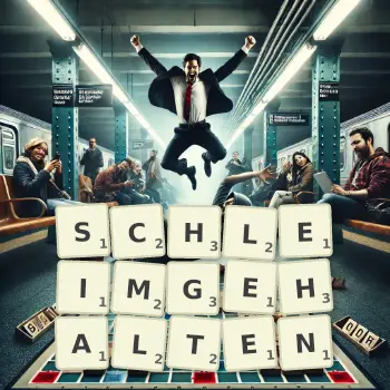 Kreative Illustration für ein Scrabble-Spiel, bei dem das Wort SCHLEIMGEHALTEN mit Steinen auf dem Brett gelegt wurde.