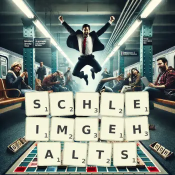 Kreative Illustration für ein Scrabble-Spiel, bei dem das Wort SCHLEIMGEHALTS mit Steinen auf dem Brett gelegt wurde.